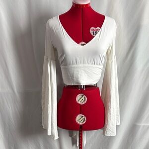 Lulu's White V-Neck Crop Top with Dramatic Bell Sleeves
